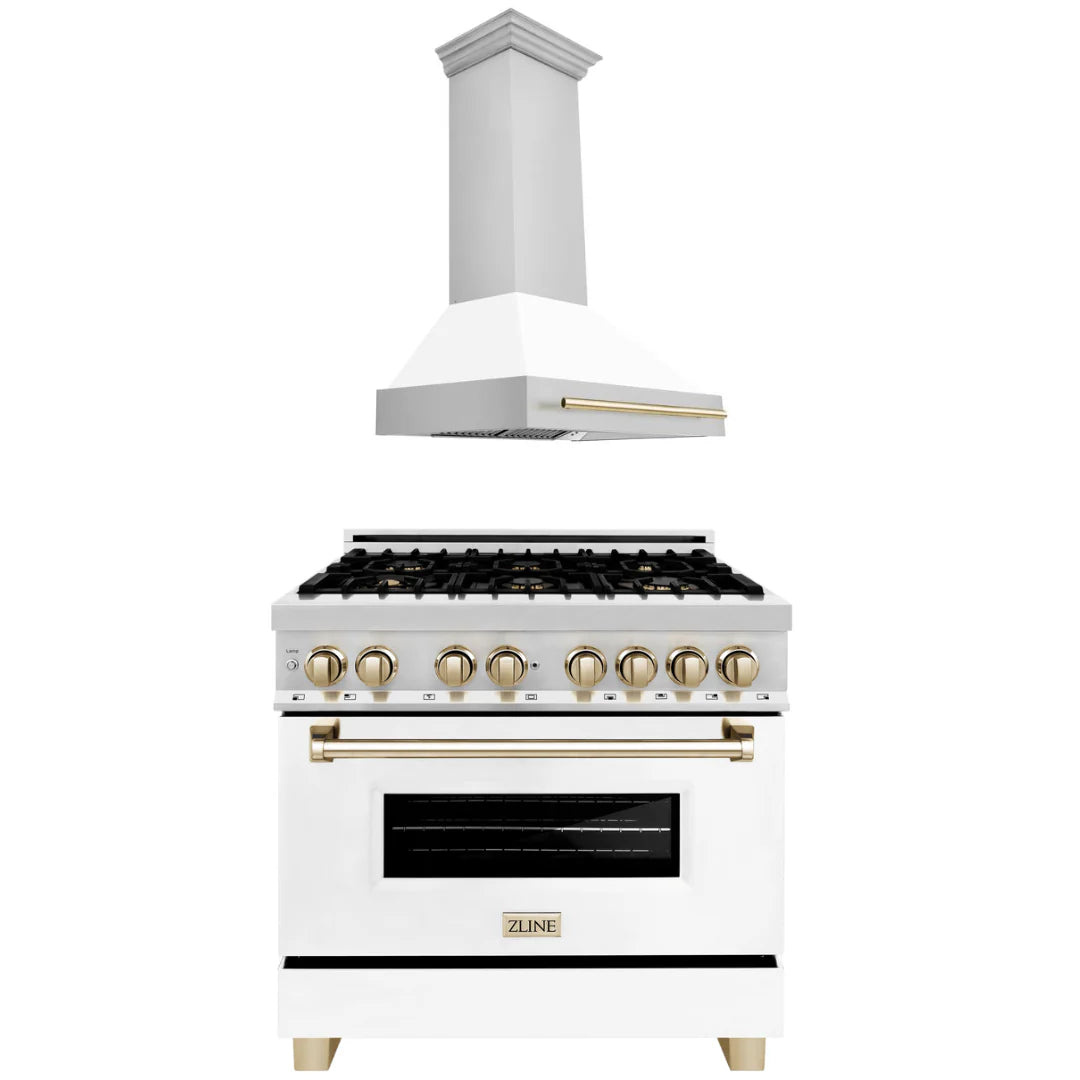 36 In. Dual Fuel Range and Range Hood with White Matte Door and Gold Accents T499