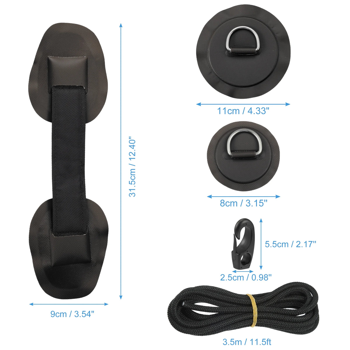 7pcs PVC Patch Round Shape D Ring 11.5ft Elastic Shock Rope with 6 Hooks Accessories for Inflatable Boat Black H668