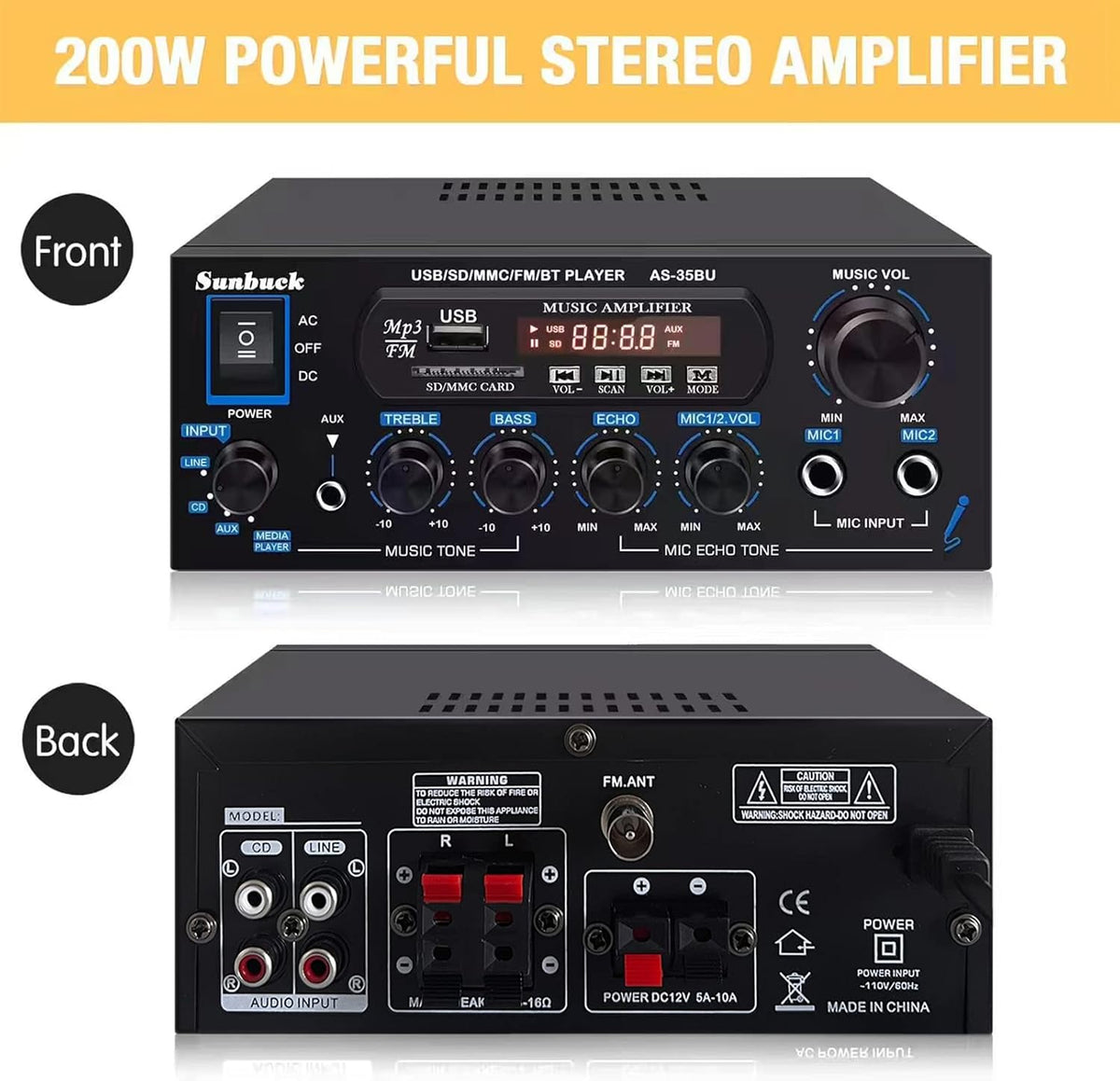 200W Wireless Bluetooth Stereo Amplifier Receiver with USB FM Radio Remote Control X73112