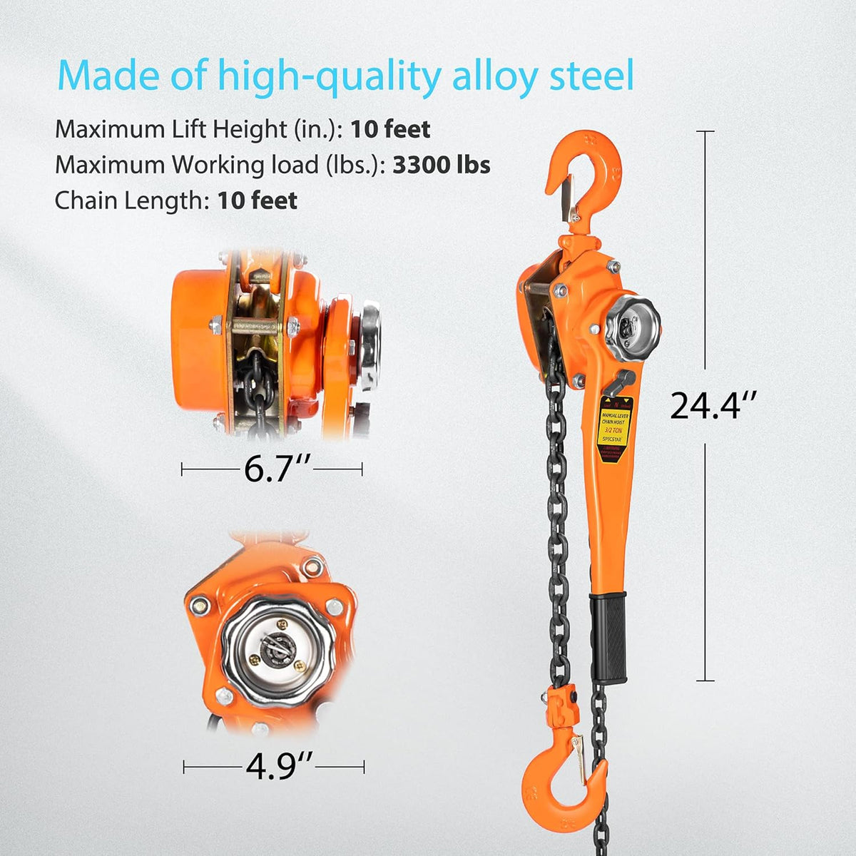 Lever Chain Hoist 1-1/2 Ton Capacity 10 Feet with 2 Hooks J471