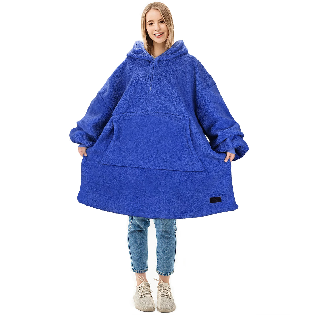 Oversized Microfiber Faux Shearling Wearable Blanket with Front Pocket L6807