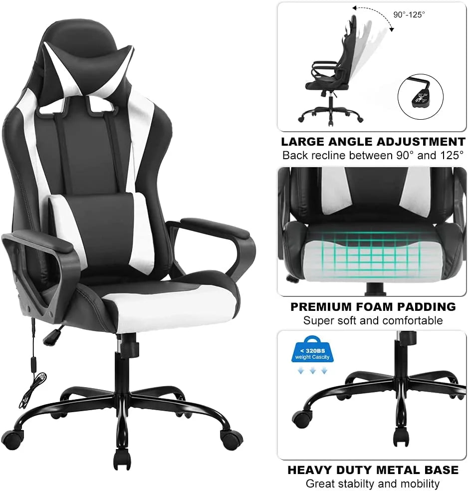 White Massage Gaming Chair with Headrest and Lumbar Support A479