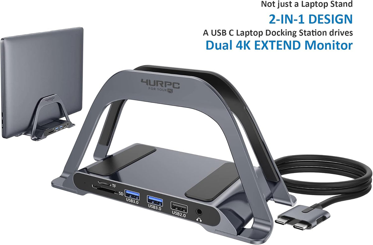 USB C Docking Station Dual Monitor 10 in 2 Dual Display USB C HUB with Vertical Stand Multiport USB C Adapter with Two 4K HDMI PD3.0 Ethernet USB M20973