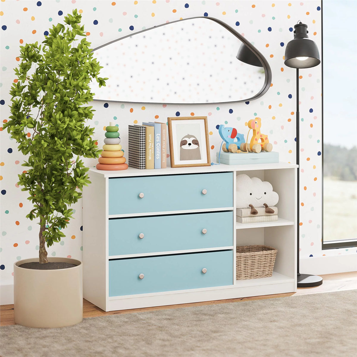 White Wide Dresser with 3 Fabric Bins B92625