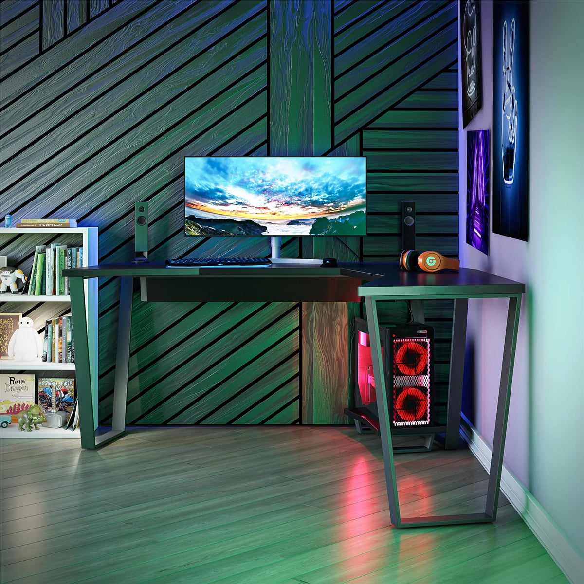Black Gaming L Desk with CPU Stand Q1654