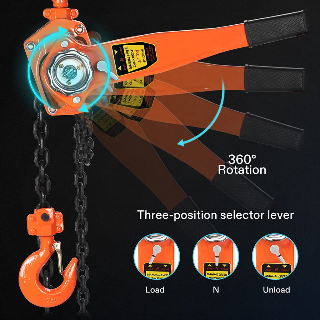 Lever Chain Hoist 1-1/2 Ton Capacity 10 Feet with 2 Hooks J471