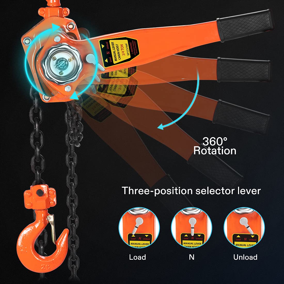 Lever Chain Hoist 1-1/2 Ton Capacity 10 Feet with 2 Hooks J471