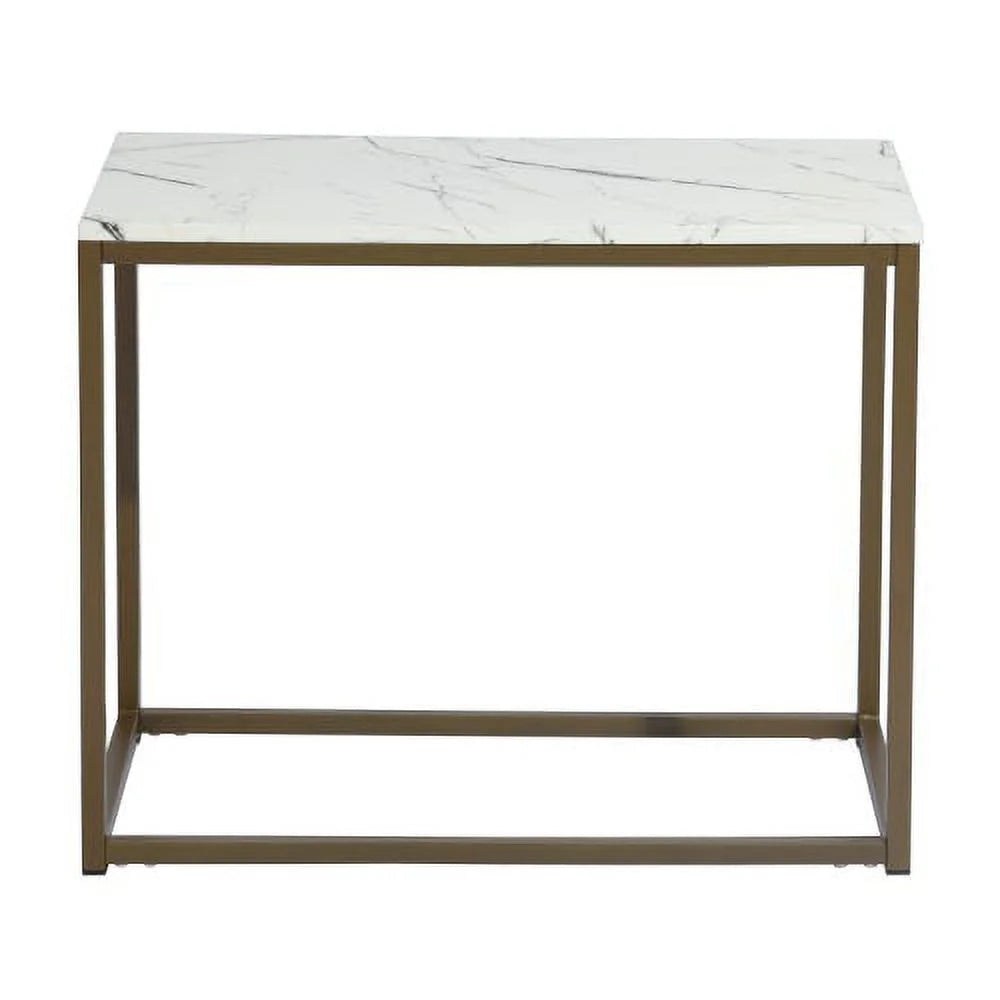 Open Rectangular Wood Side End Table, 28 Inch, Marble & Gold U1665