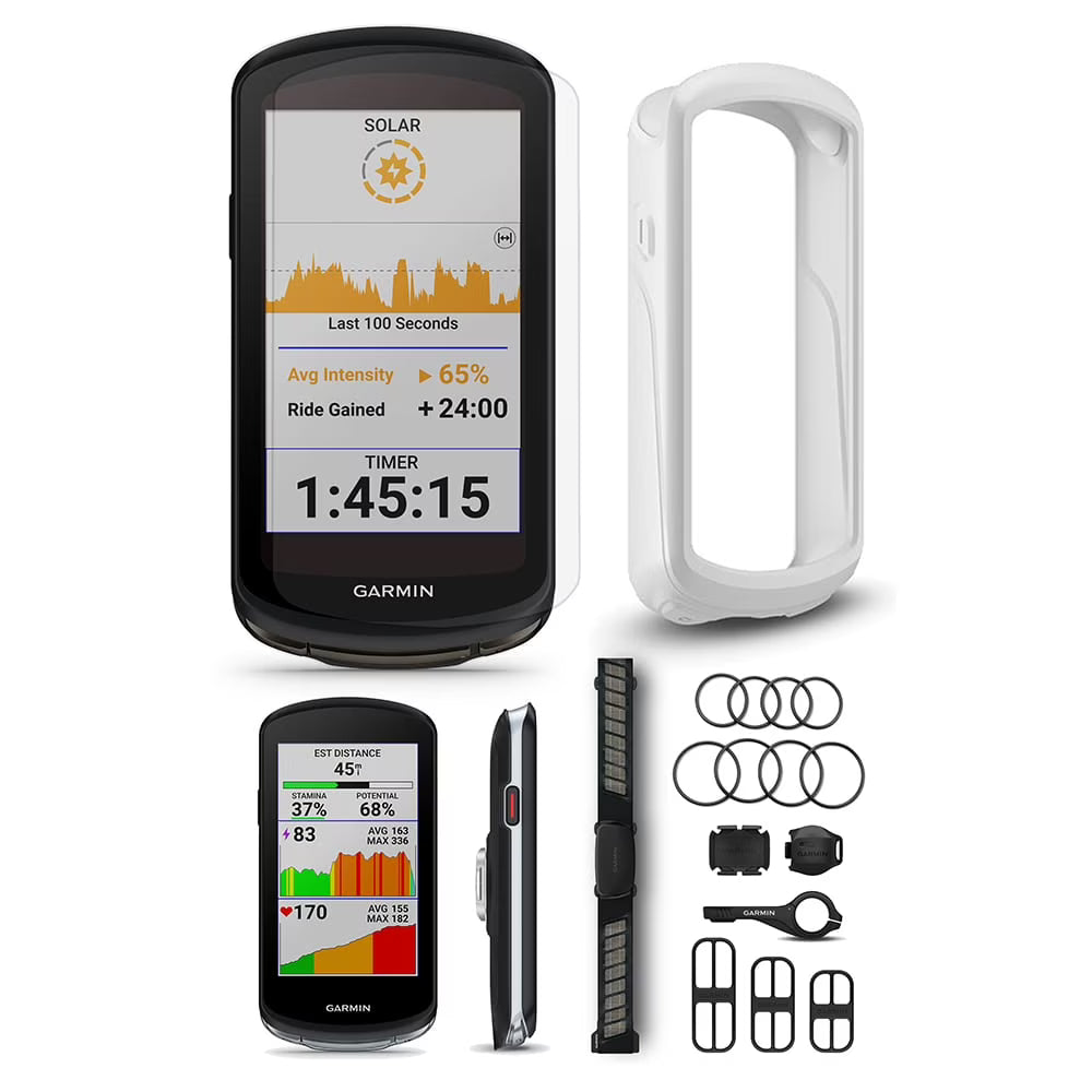 Garmin Edge 1040 Solar GPS Bike Computer with Speed Sensor 2, Cadence Sensor 2, HRM-Dual, White Silicone Case, & Mounts Z858