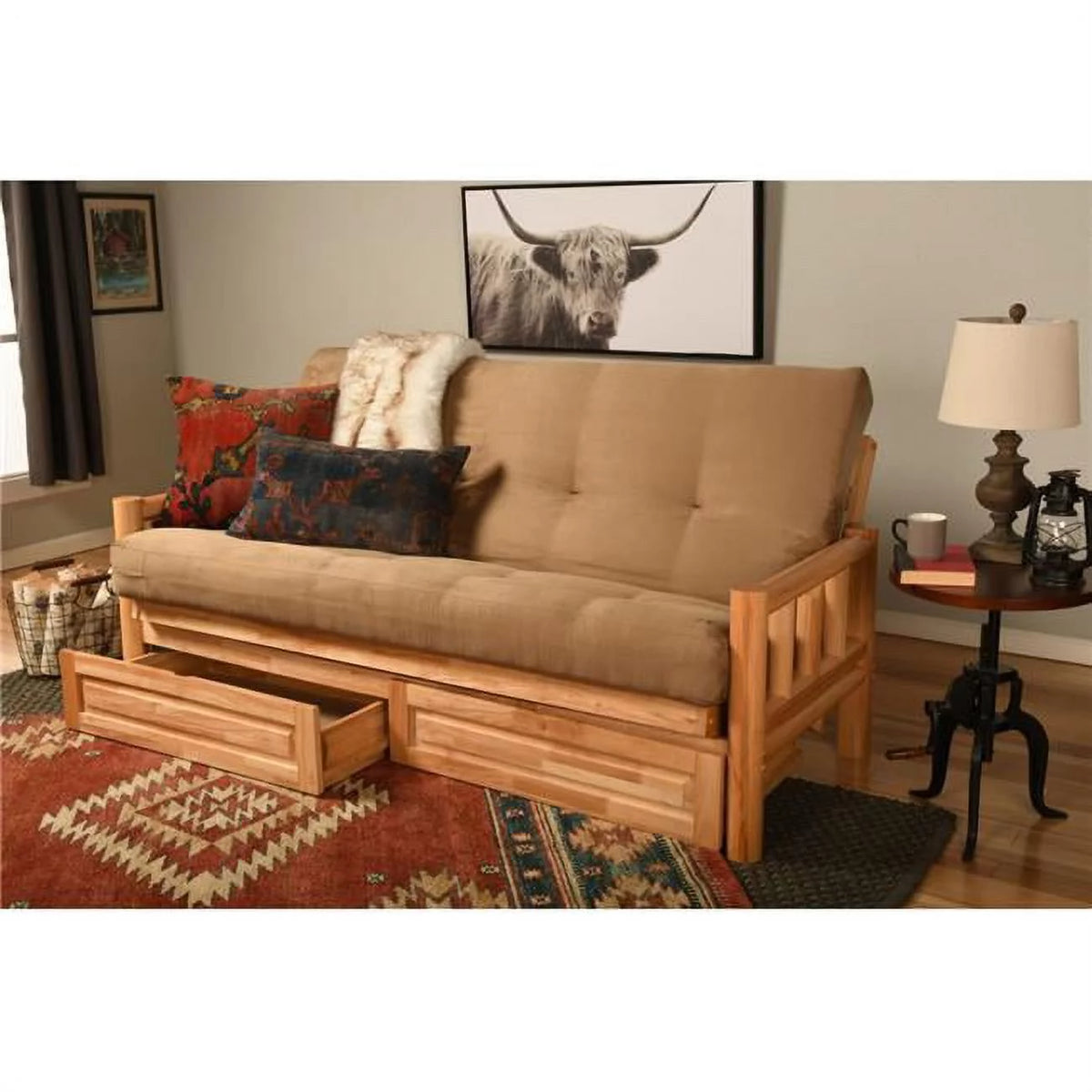Natural Futon Frame with Mattress & Storage Drawers Full Size J722921