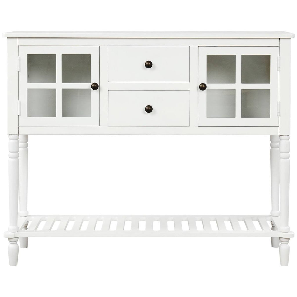 White Farmhouse Console Table with Glass Cabinet and Bottom Shelf X720