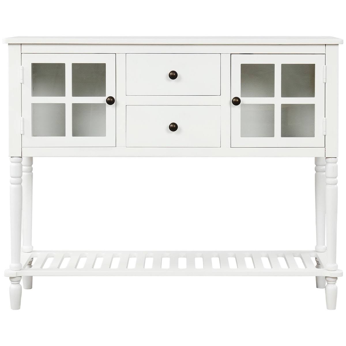 White Farmhouse Console Table with Glass Cabinet and Bottom Shelf X720