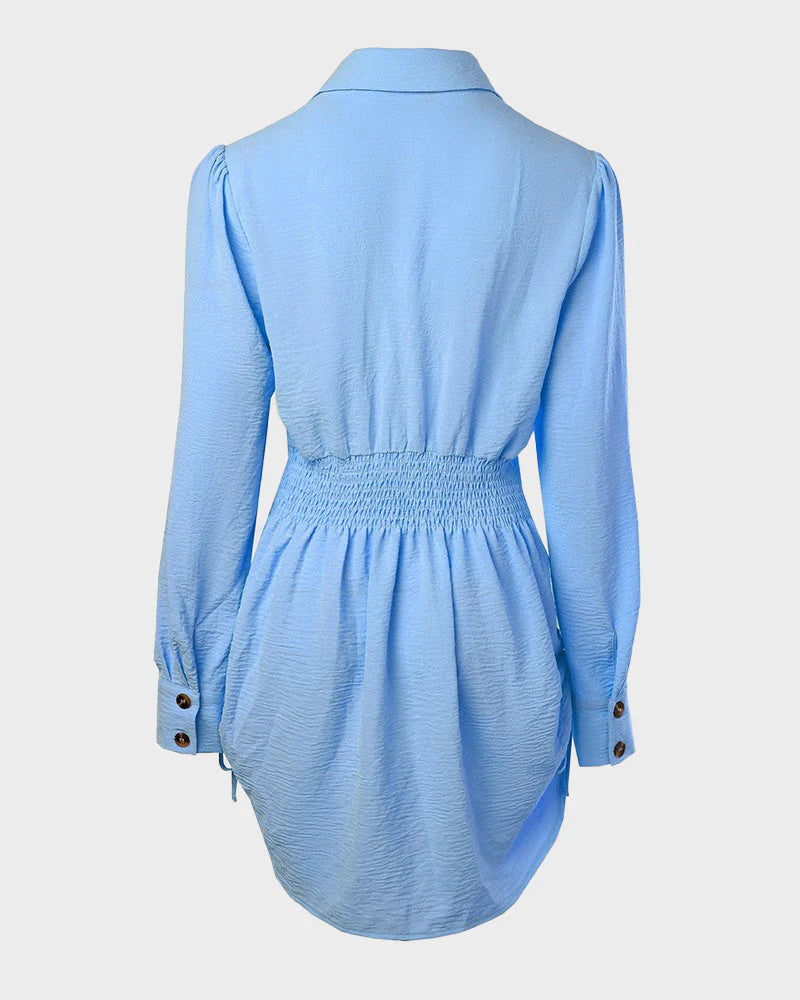 Long Sleeve Button Down Drawstring Shirt Dress Q87889