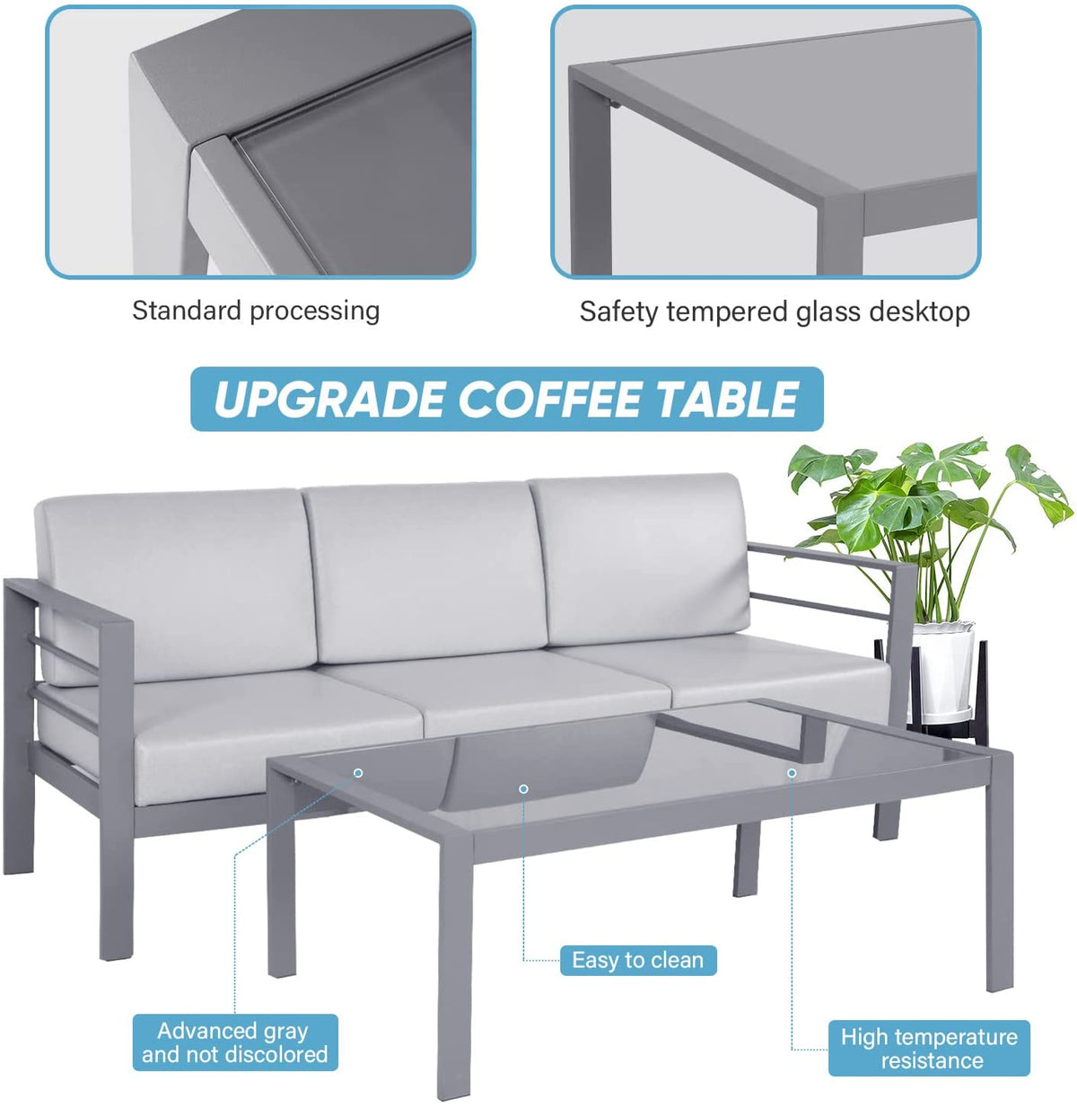 4 Pieces Metal Patio Sectional Sofa with Cushions and Coffee Table O847