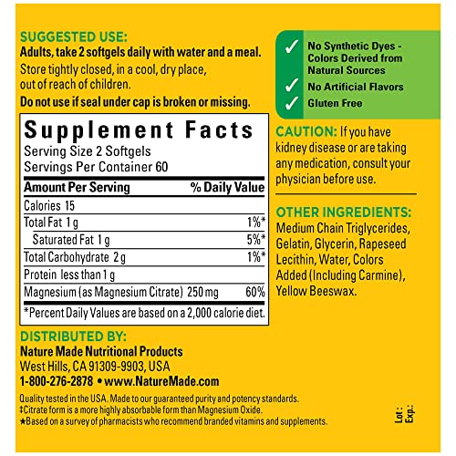Magnesium Citrate 250 mg Dietary Supplement, 180 Soft Gels W7897