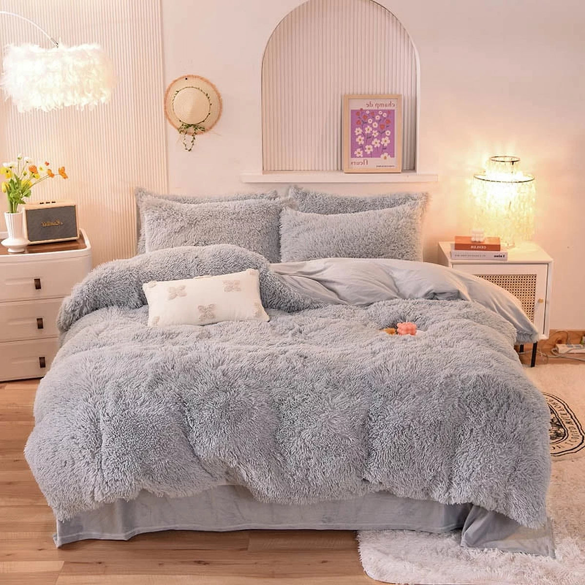 Light Gary Full Size Faux Fur Duvet Cover Set with 2 Pillow Cases C93536