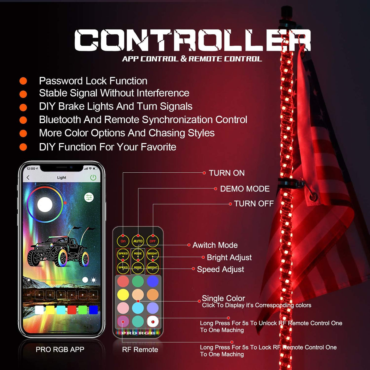 2 Pack LED Whips Light with Remote and App Control A64111