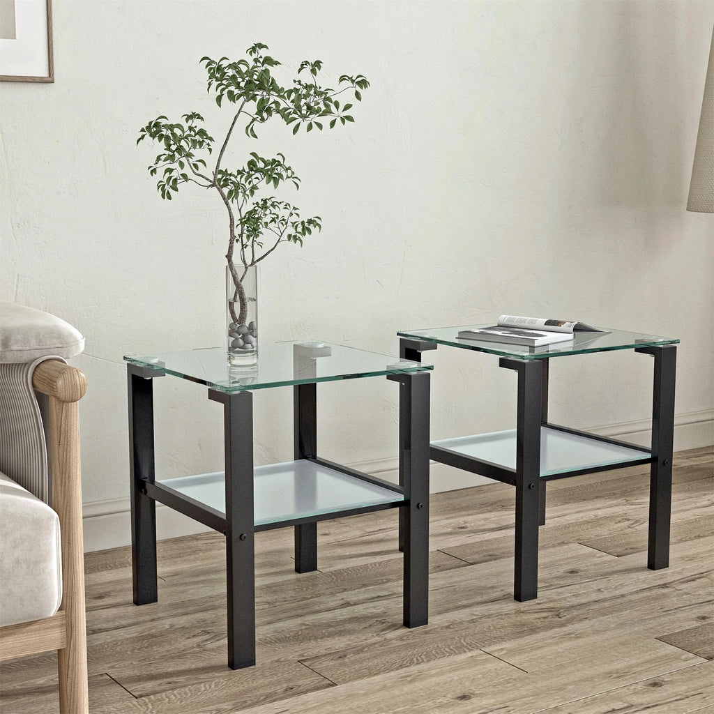 Set of 2 Tempered Glass Square Side Table Y542640