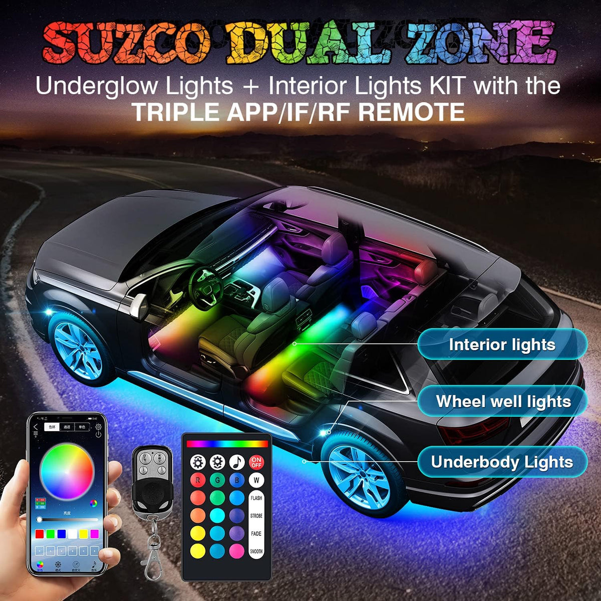 10-pods LED RGB Neon Underglow Wheel Well Lights Kit, Dual-Zone Interior Light Kit, Waterproof 12V, Pack of 2 H512921