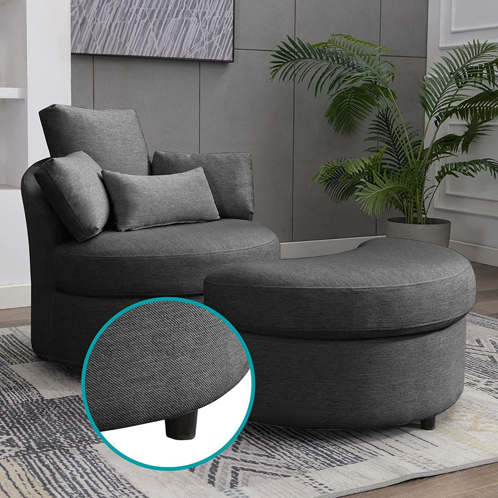 Dark Grey Linen Accent Barrel Sofa Chair with Storage Ottoman P5498