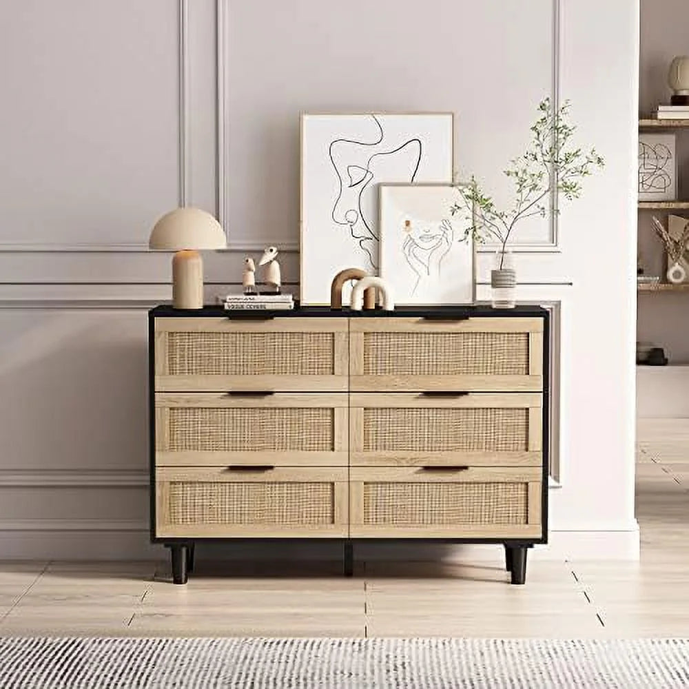 51.18 inch 6 Drawer Rattan Wood Dresser V1118