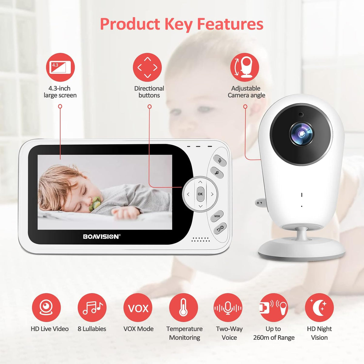 Video Baby Monitor with Camera and Audio, 4.3 inch IPS Screen, Night Vision, Pack of 2 Z552