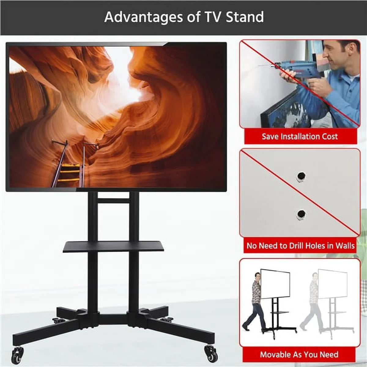 Modern Mobile TV Stand Rolling TV Cart up to 75'' Black I8637