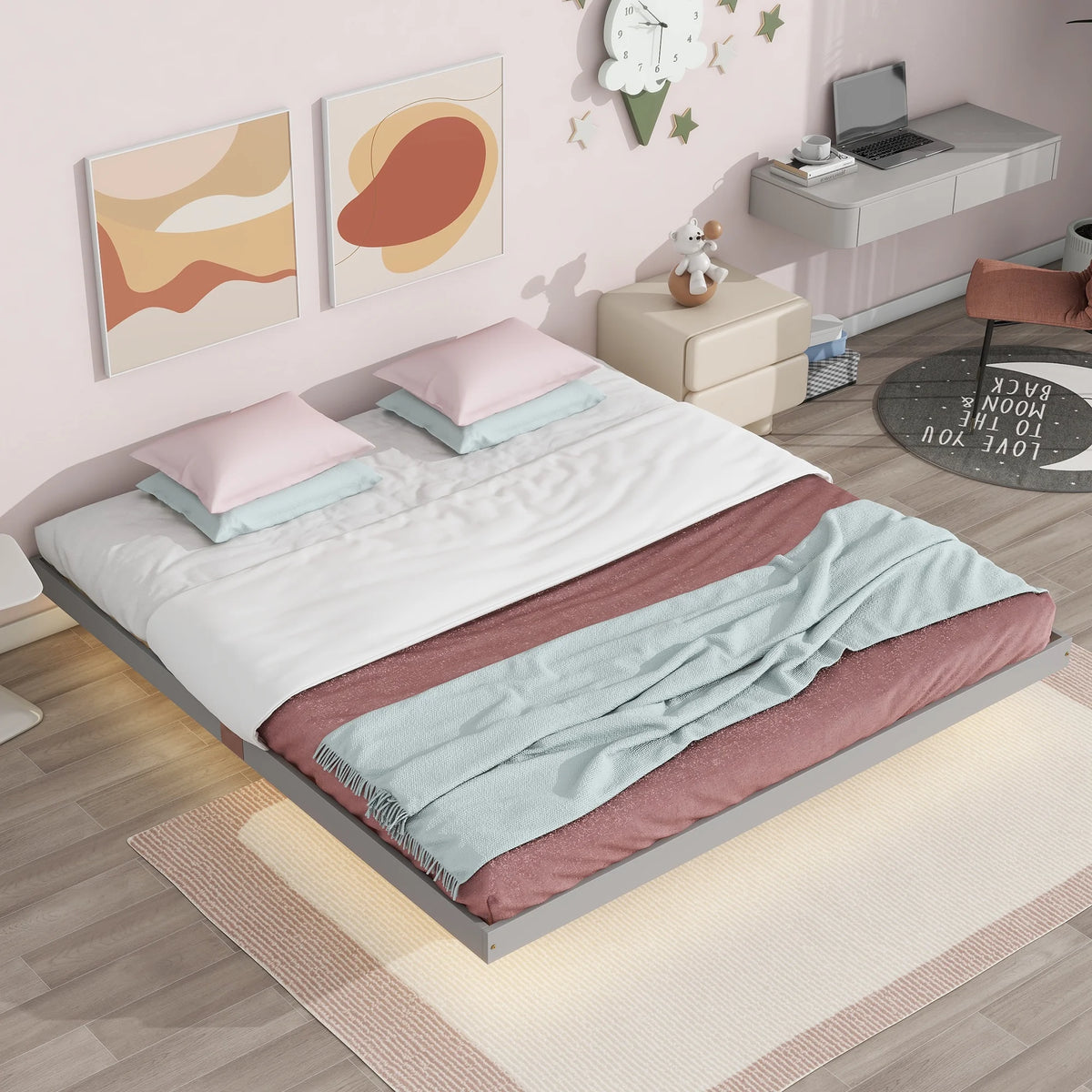 White Full Size Floating Bed Frame with LED Lights V5728