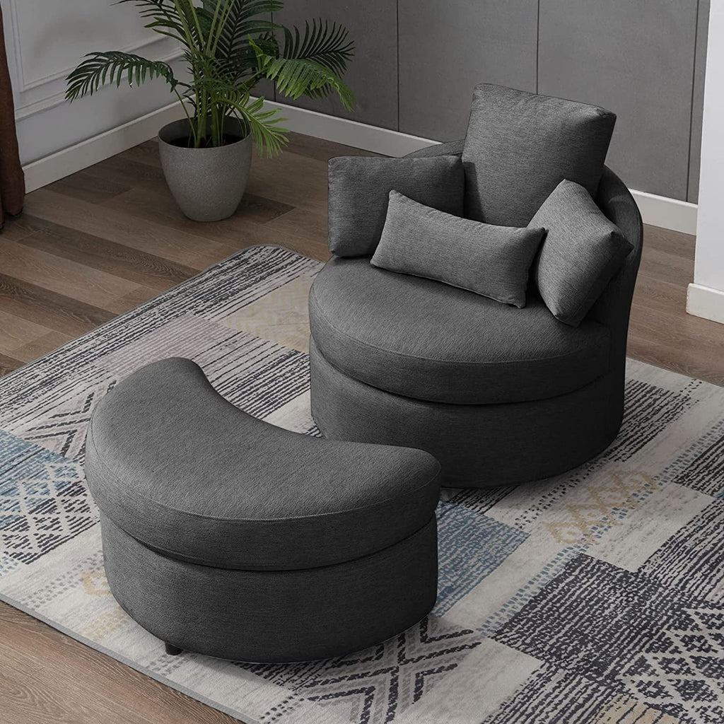 Dark Grey Linen Accent Barrel Sofa Chair with Storage Ottoman P5498
