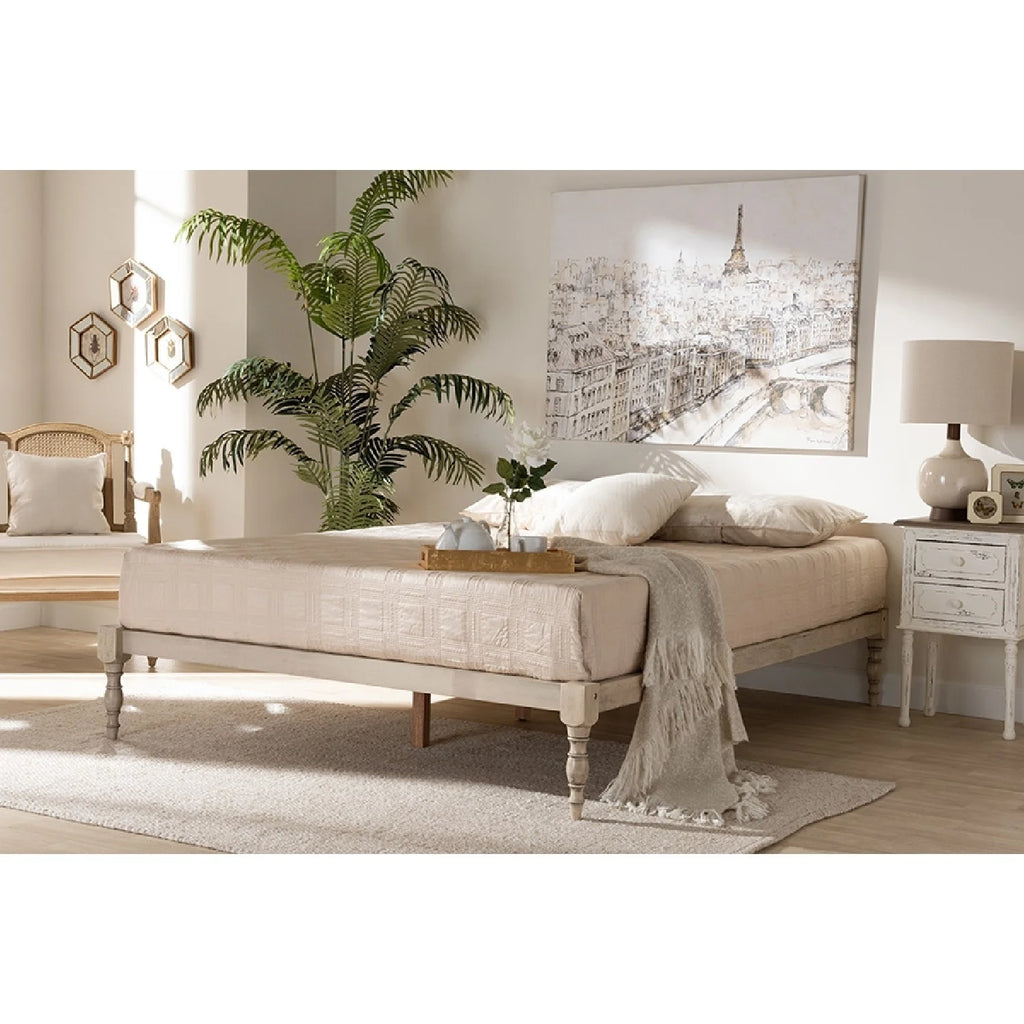 Antique White Wood King Size Platform Bed Frame N162