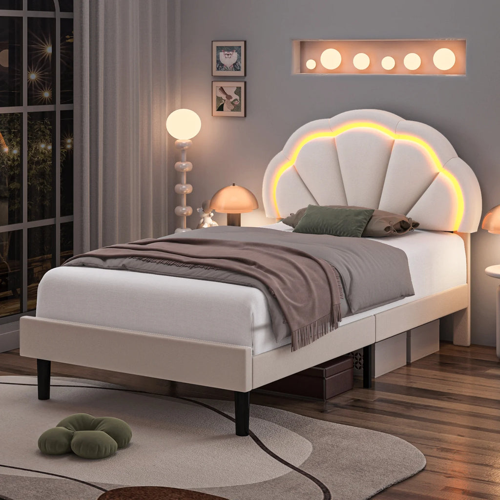 Twin Size Off-White Velvet Upholstered Platform Bed with Adjustable Headboard G75927