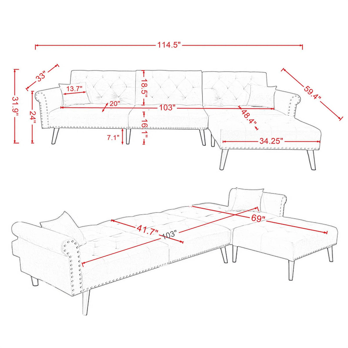 Velvet Convertible Sleeper Sectional Sofa Y311132