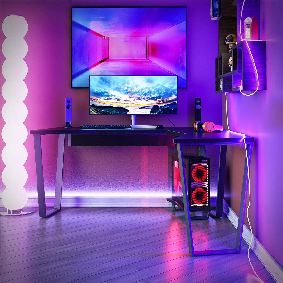 Black Gaming L Desk with CPU Stand Q1654
