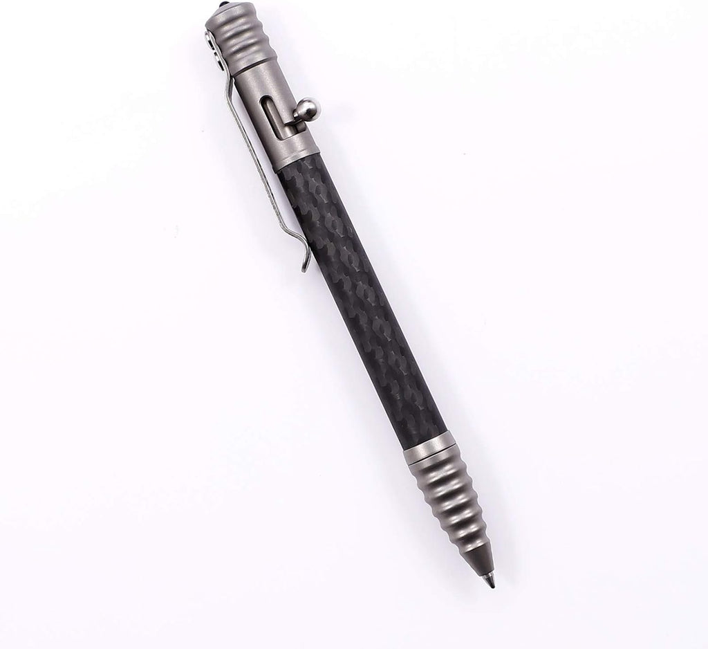 Titanium Tactical Pen with Glass Breaker Tool, Bolt Action Pen in Carbon Fiber barrel N448052