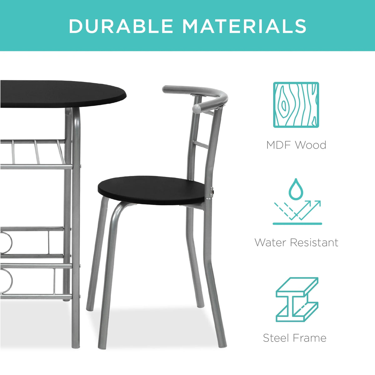 3-Piece Wood Dining Table & Chairs Set with Steel Frame, Built-In Wine Rack A216964