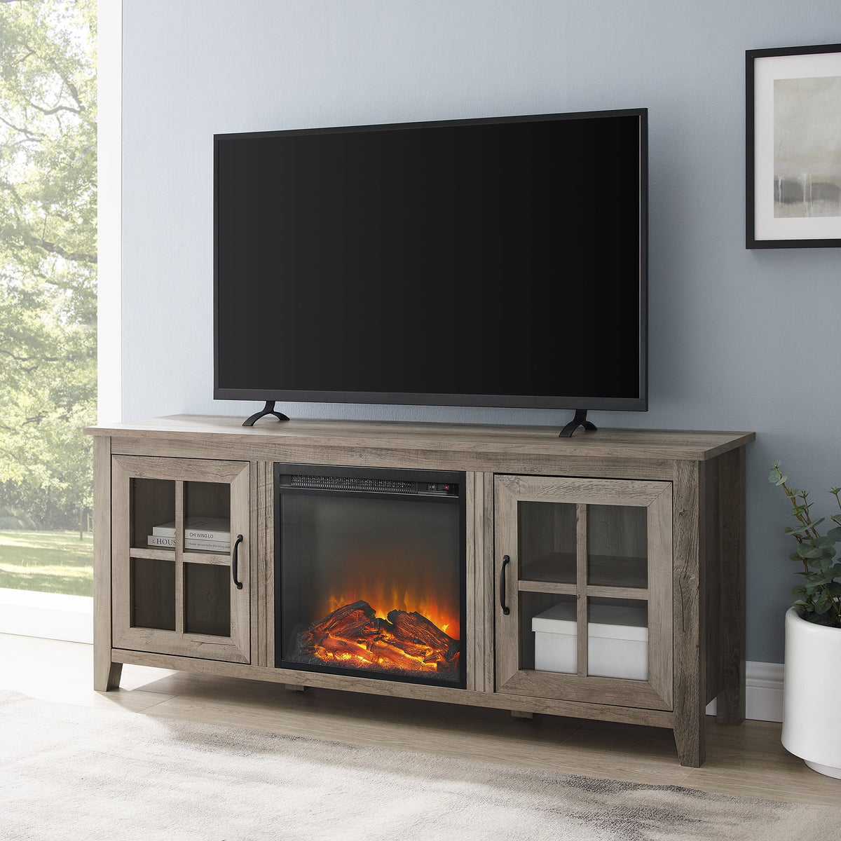 Grey Wash Glass-Door Fireplace TV Stand V82882