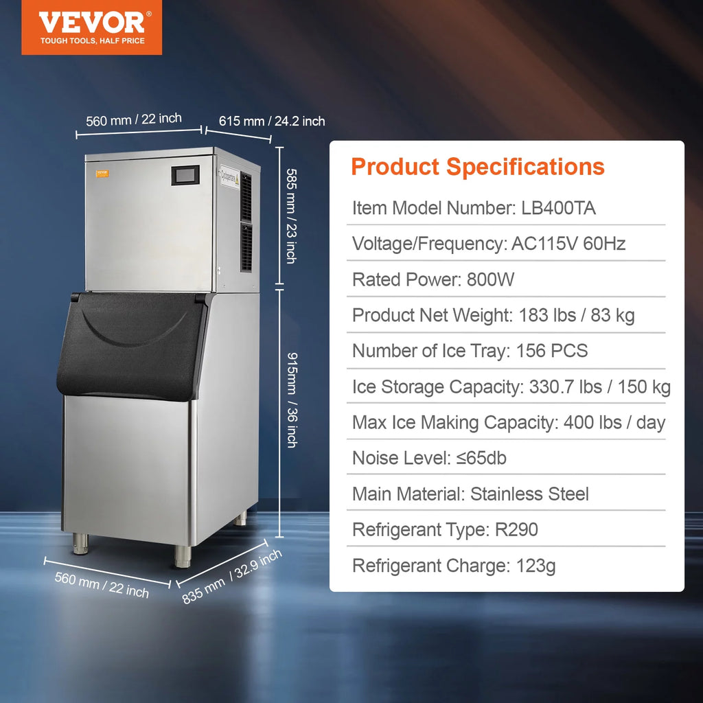 Commercial Ice Maker with 400LBS/24H and Storage Bin B986
