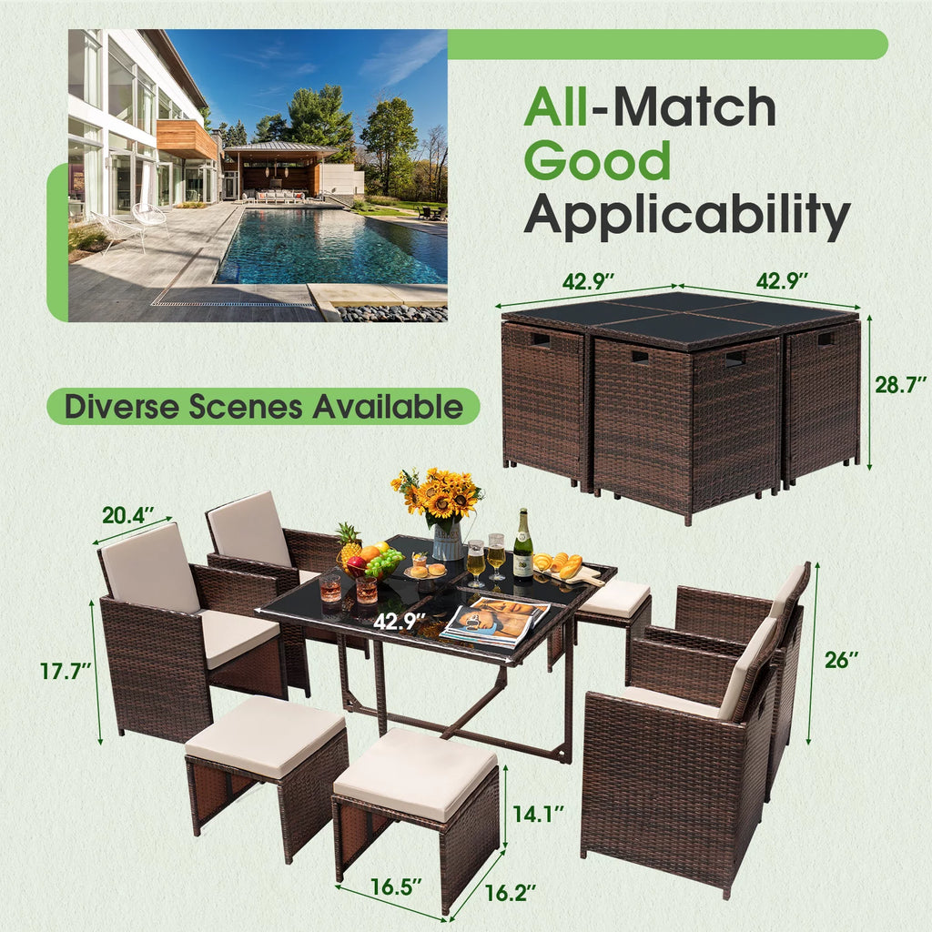9 Pieces Outdoor Dining Set Wicker Chairs with Glass Table N44830