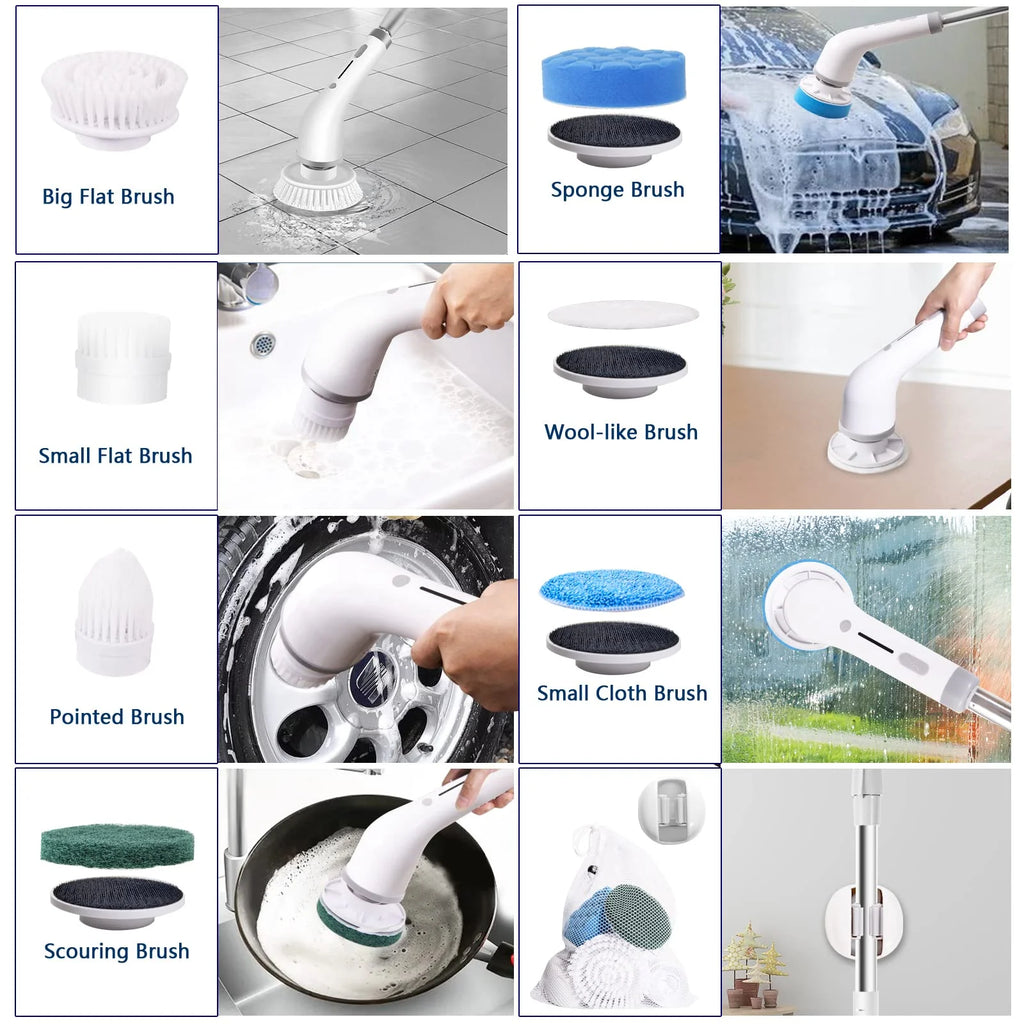 Cordless Electric Spin Scrubber with Long Handle 8 Replaceable Heads U434567