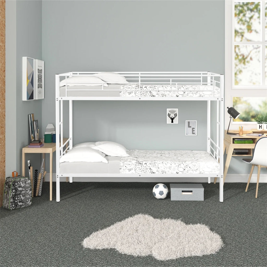 White Twin over Twin Bunk Bed with Guardrail and 2 Side Ladders D16833