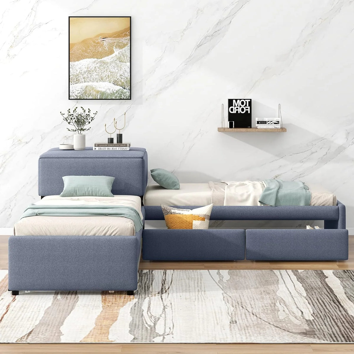 Upholstered L-Shaped Platform Bed Frame With Trundle And Drawers Y419875