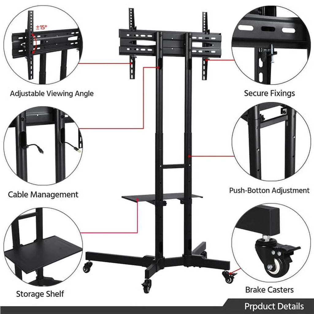 Modern Mobile TV Stand Rolling TV Cart up to 75'' Black I8637