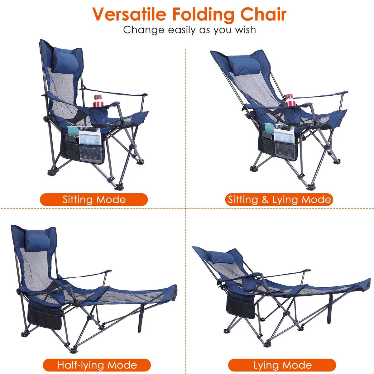 Heavy Duty Steel Reclining Camping Chair with Cup Holder X2846