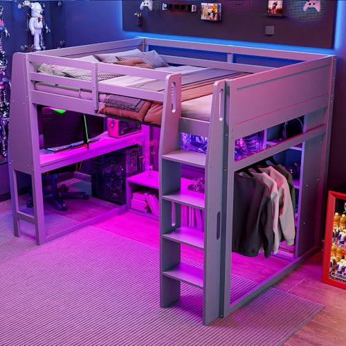 Full Size Solid Wood Loft Bed with Desk and Storage, Grey K3841