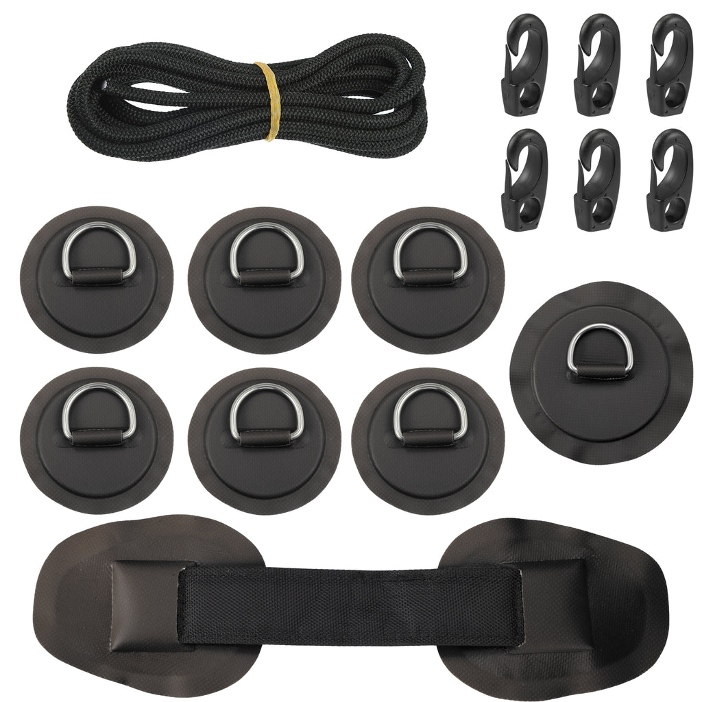 7pcs PVC Patch Round Shape D Ring 11.5ft Elastic Shock Rope with 6 Hooks Accessories for Inflatable Boat Black H668