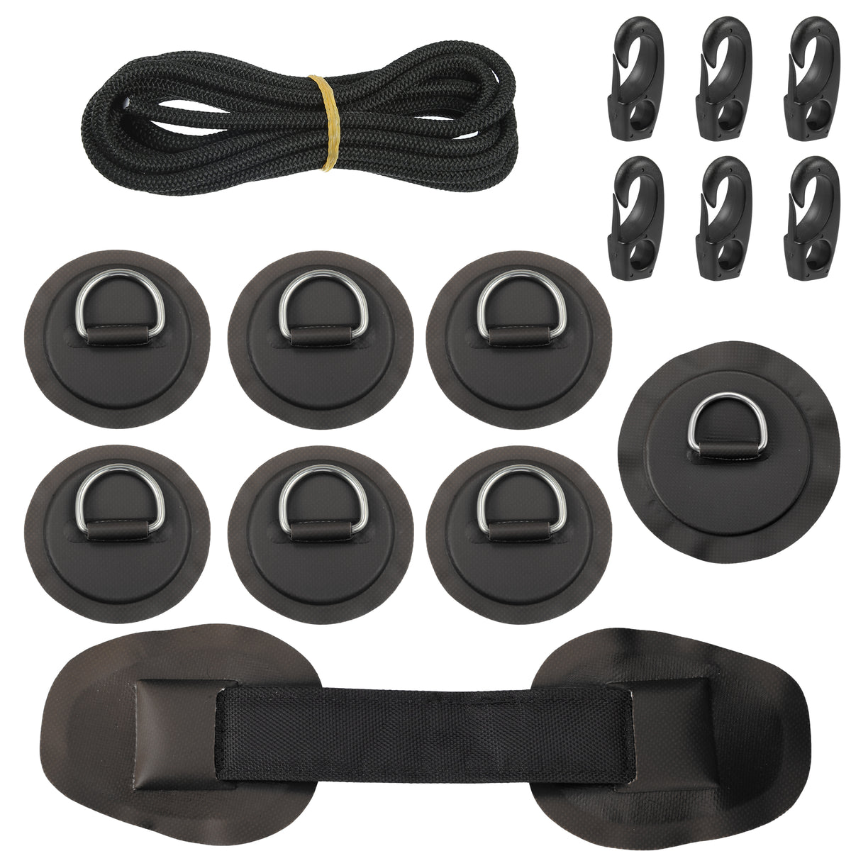 7pcs PVC Patch Round Shape D Ring 11.5ft Elastic Shock Rope with 6 Hooks Accessories for Inflatable Boat Black H668