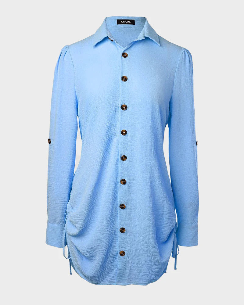 Long Sleeve Button Down Drawstring Shirt Dress Q87889