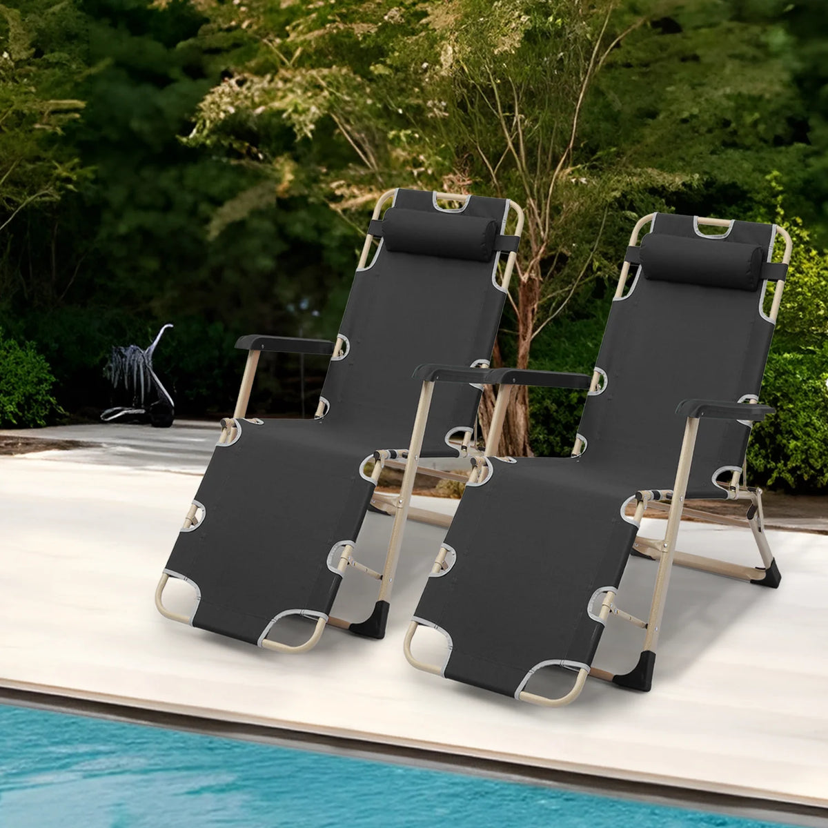 Set of 2 Black Folding Lounge Chair with Adjustable Headrest D3455