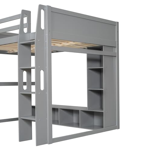 Full Size Solid Wood Loft Bed with Desk and Storage, Grey K3841