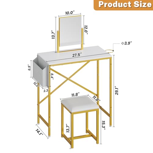 Gold and White Makeup Vanity Set with Rotating Mirror and PU Leather Chair R45418